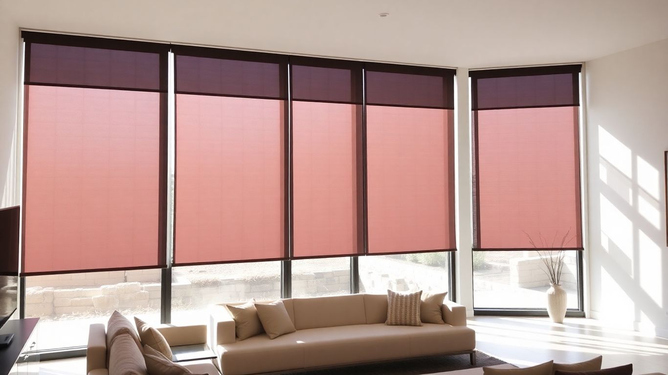 Motorized window shades in a modern living room.