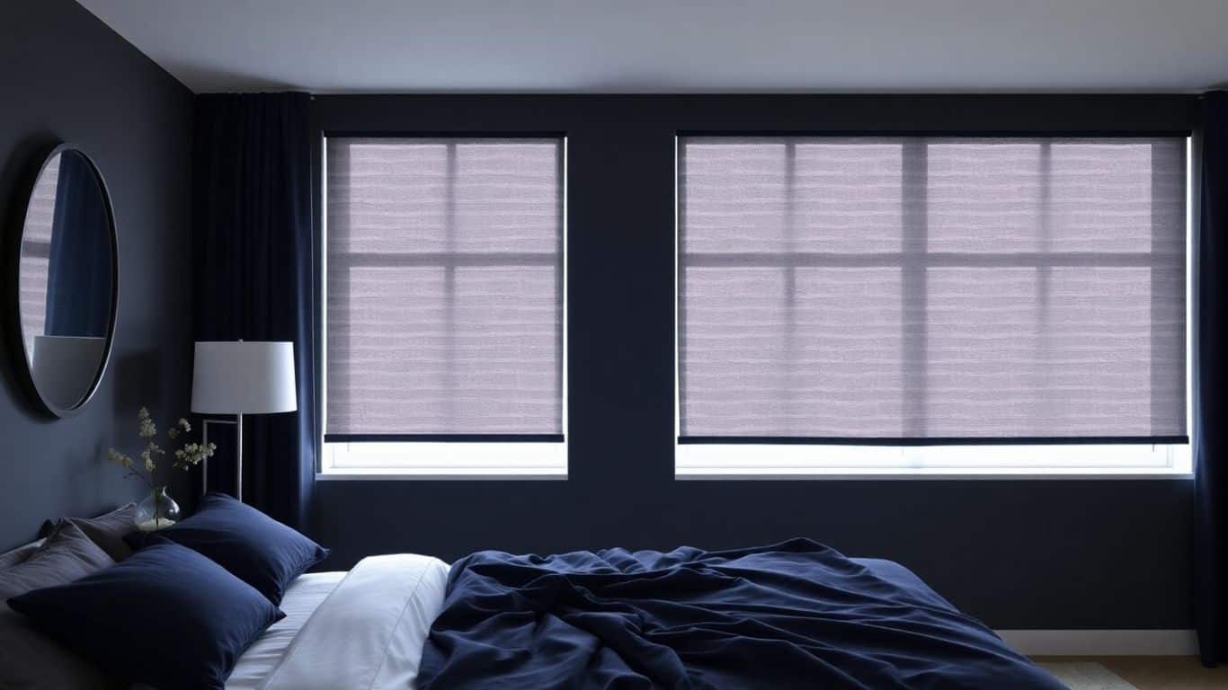 Bedroom with navy blackout custom window shades