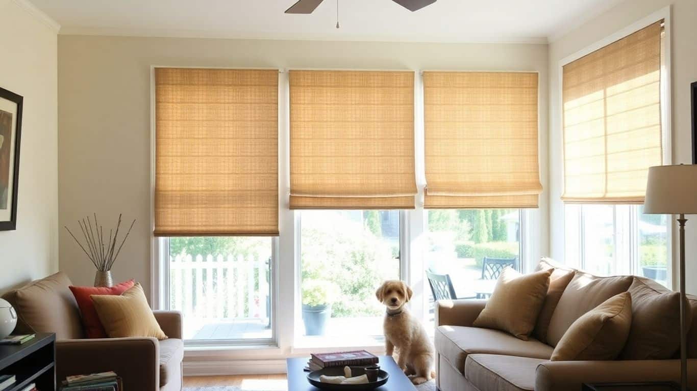 Pet and child safe custom window shades in a living room.