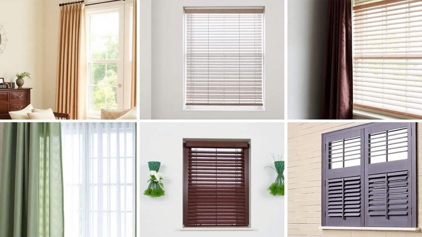 Various window treatments like curtains, blinds, and shutters.