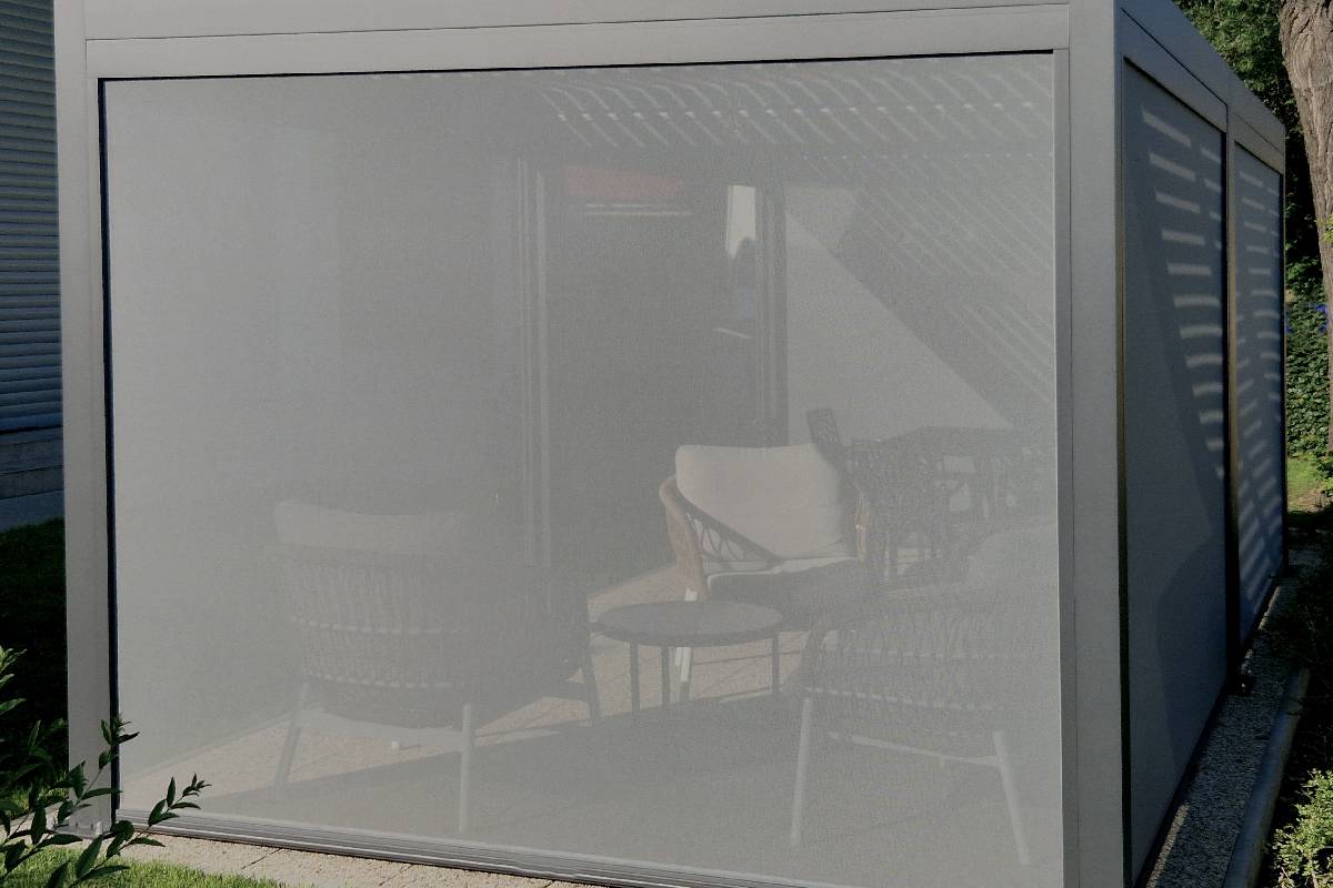 Modern outdoor sun shades around a seating area