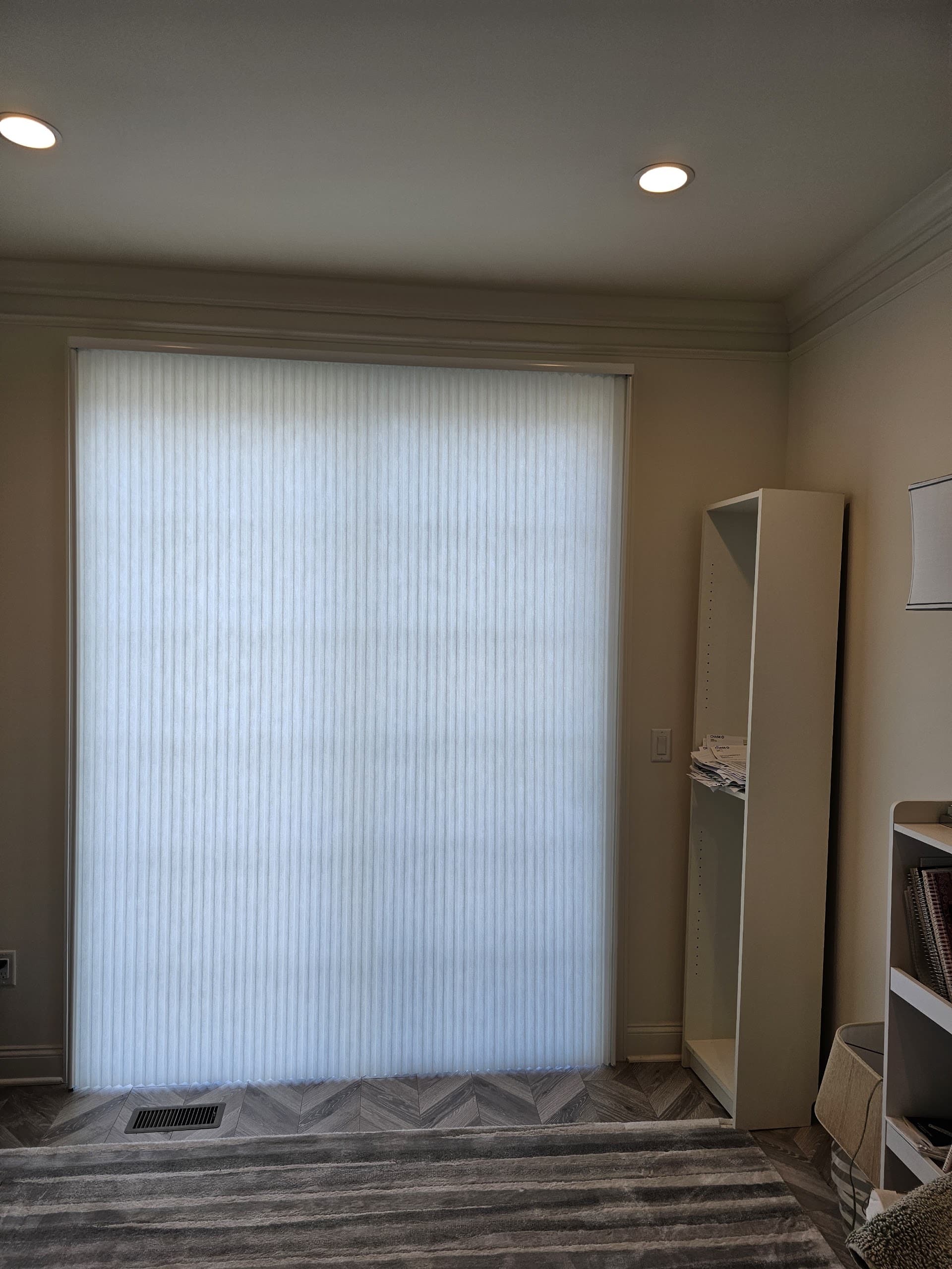 Vertical cellular shades on a wide patio slider in a Morristown, Morris County NJ home