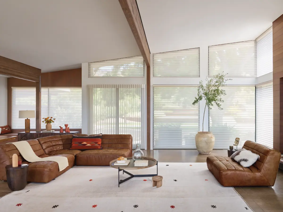 Motorized sheer shadings automate hard-to-reach living room windows for homeowners.