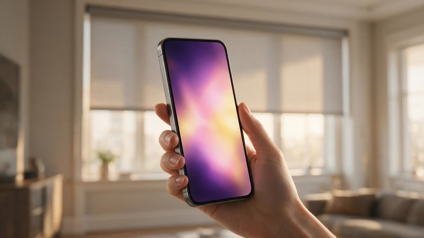 Hand holding a phone controlling a motorized roller shade