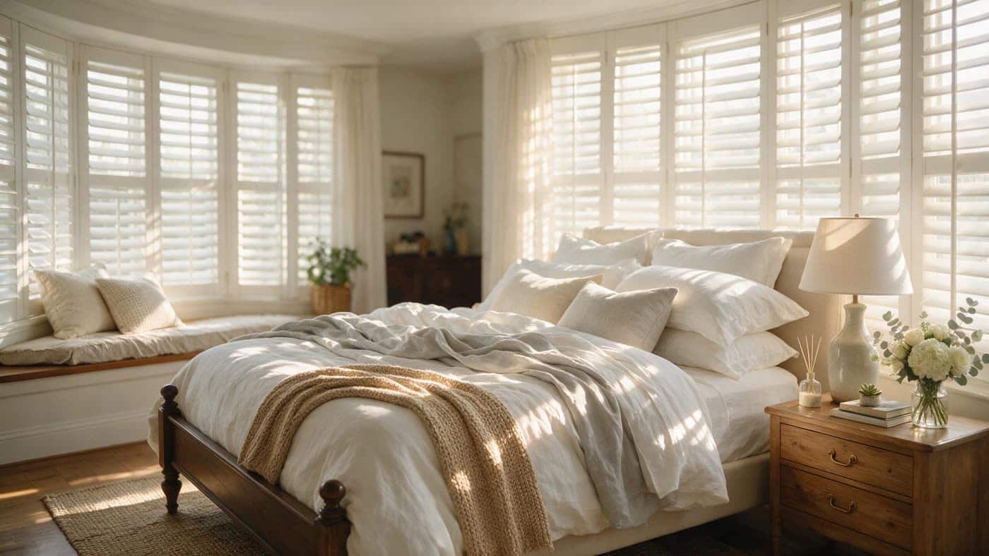 White plantation shutters in a bedroom, louvers open