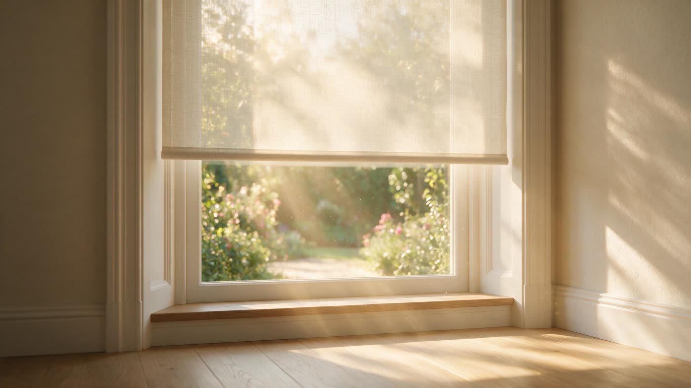 Roller shade filtering afternoon sun in a North Jersey living room