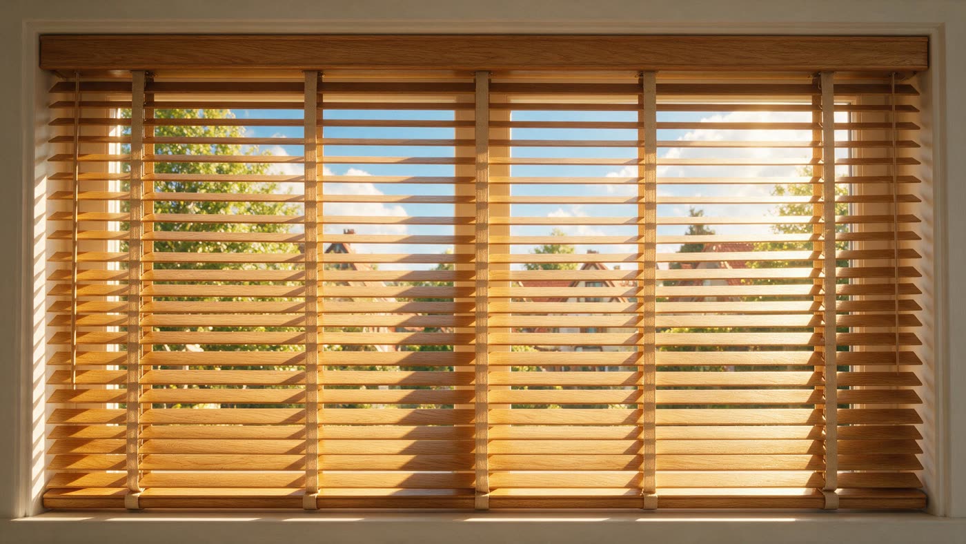 Wood blinds with sunlight coming through the slats
