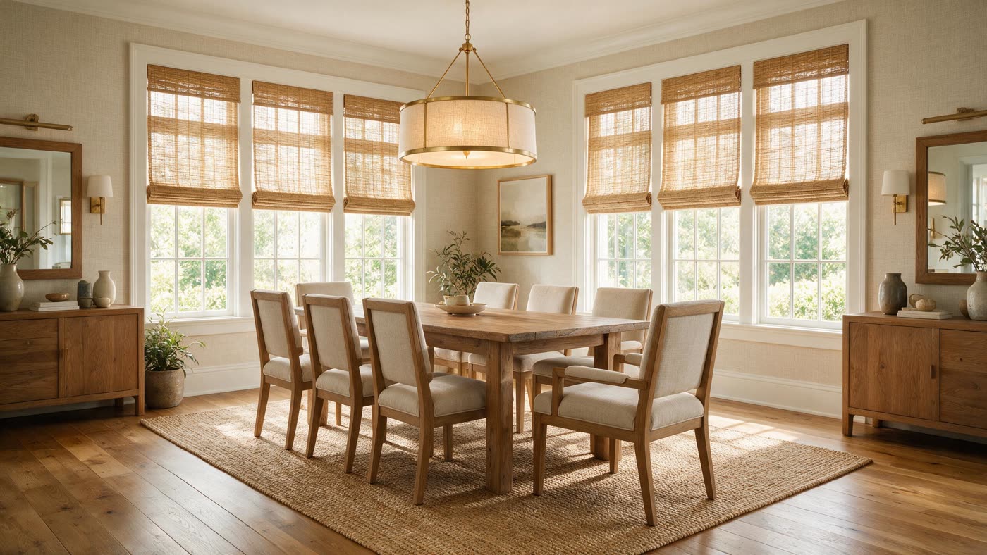 Natural woven wood shades over dining room windows